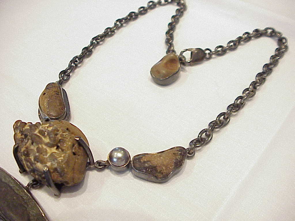 Unique Sterling Silver And Polished Rock Stone Necklace Signed 4got