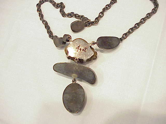 Unique Sterling Silver And Polished Rock Stone Necklace Signed 4got
