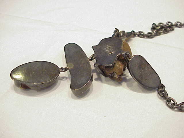 Unique Sterling Silver And Polished Rock Stone Necklace Signed 4got