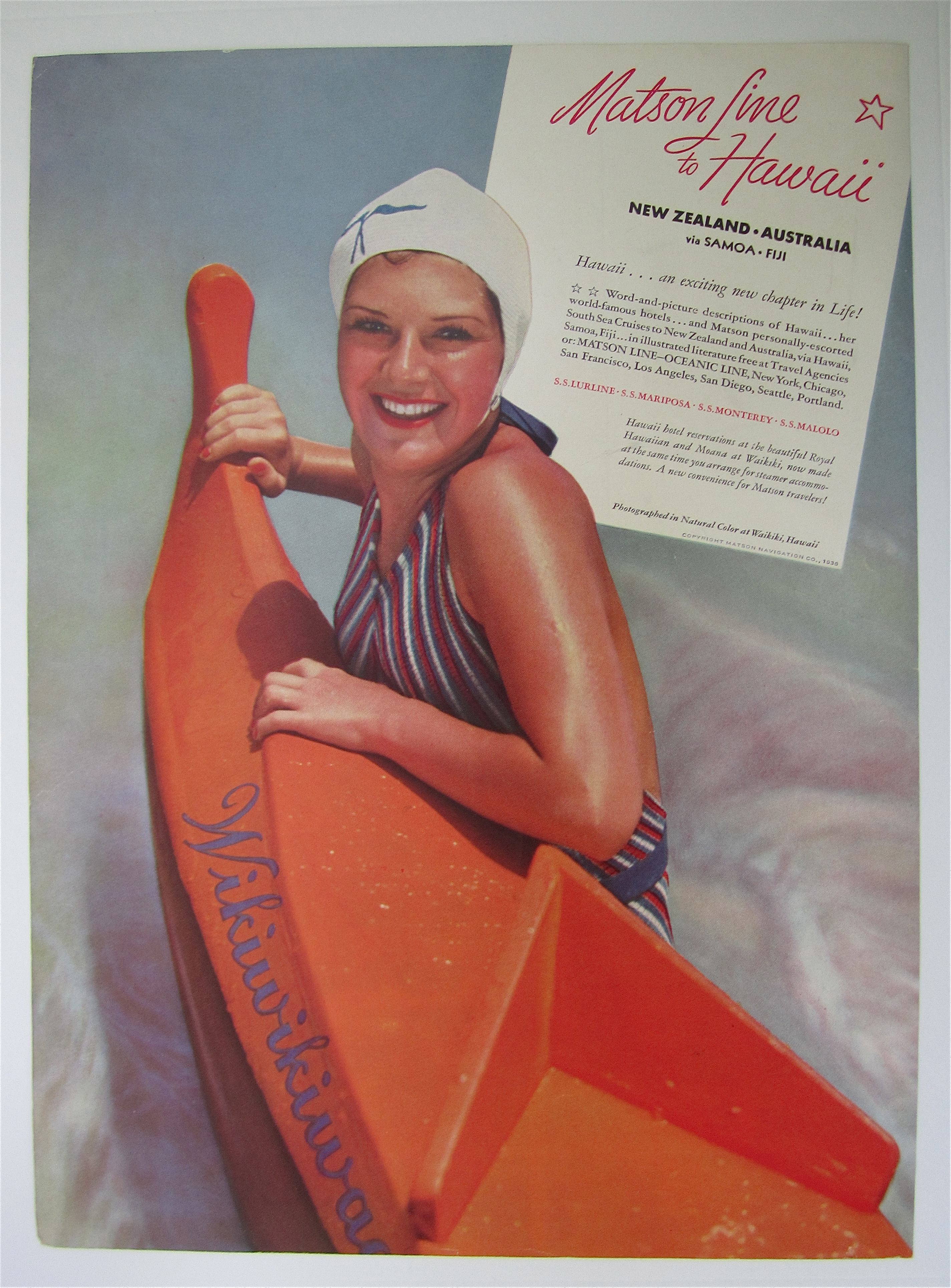1936 Matson Line To Hawaii with Woman Swimming