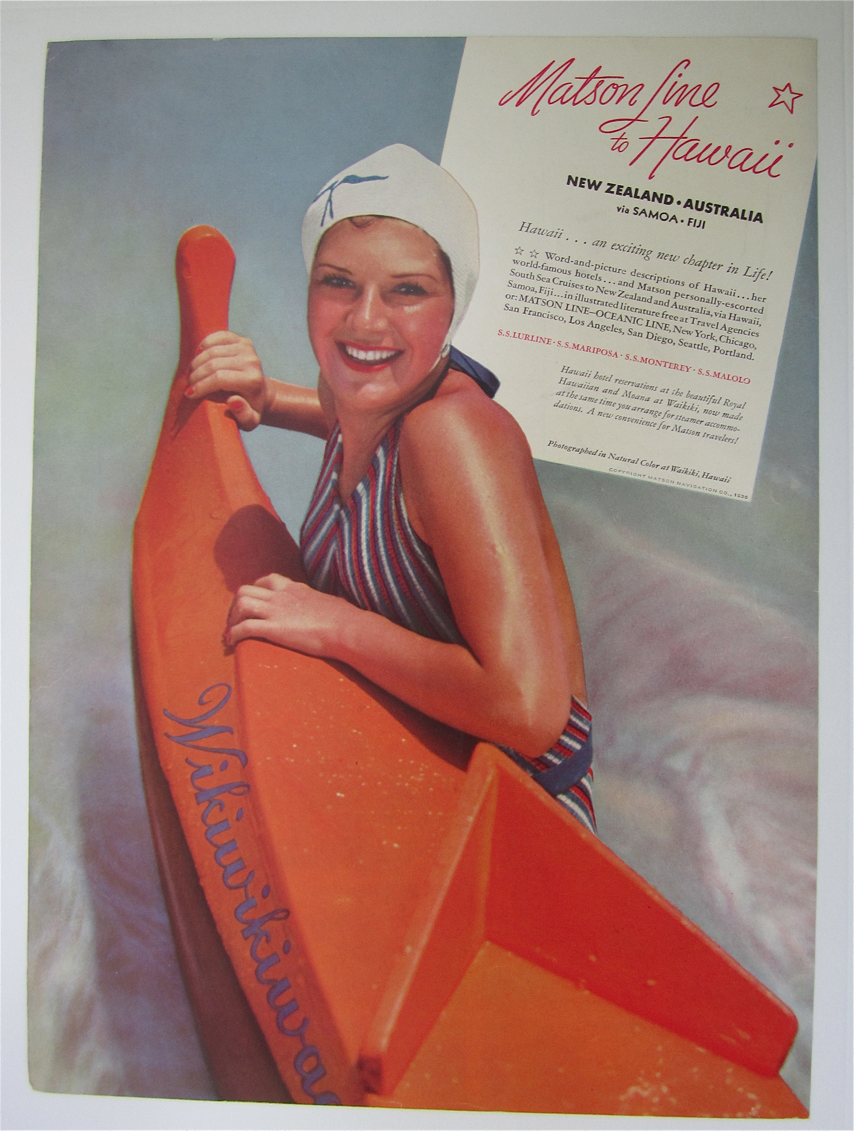 1936 Matson Line To Hawaii with Woman Swimming