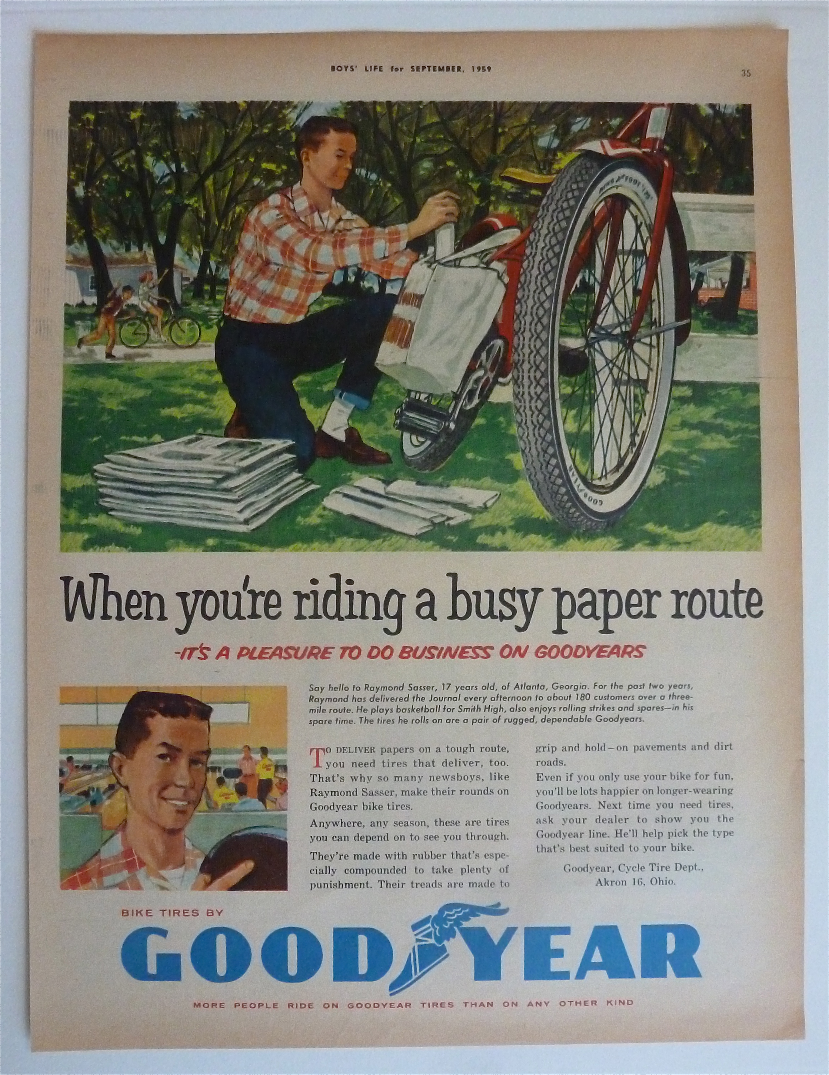 1959 Goodyear Tires with Boy Loading Papers On Bike