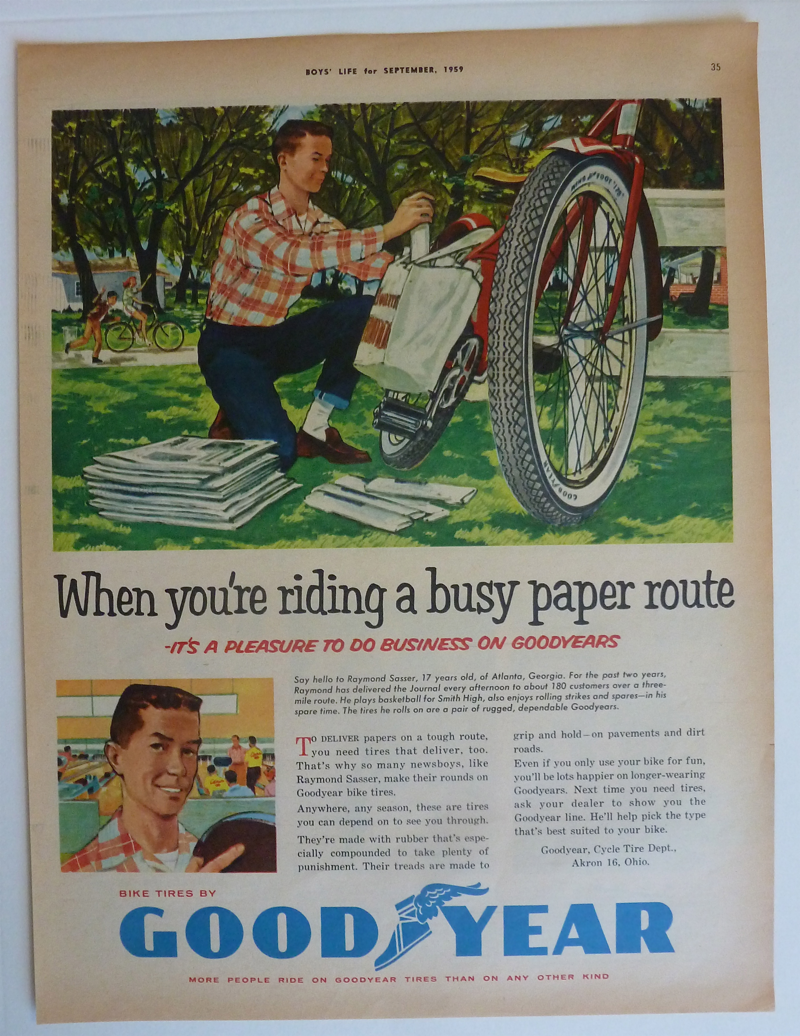 1959 Goodyear Tires with Boy Loading Papers On Bike