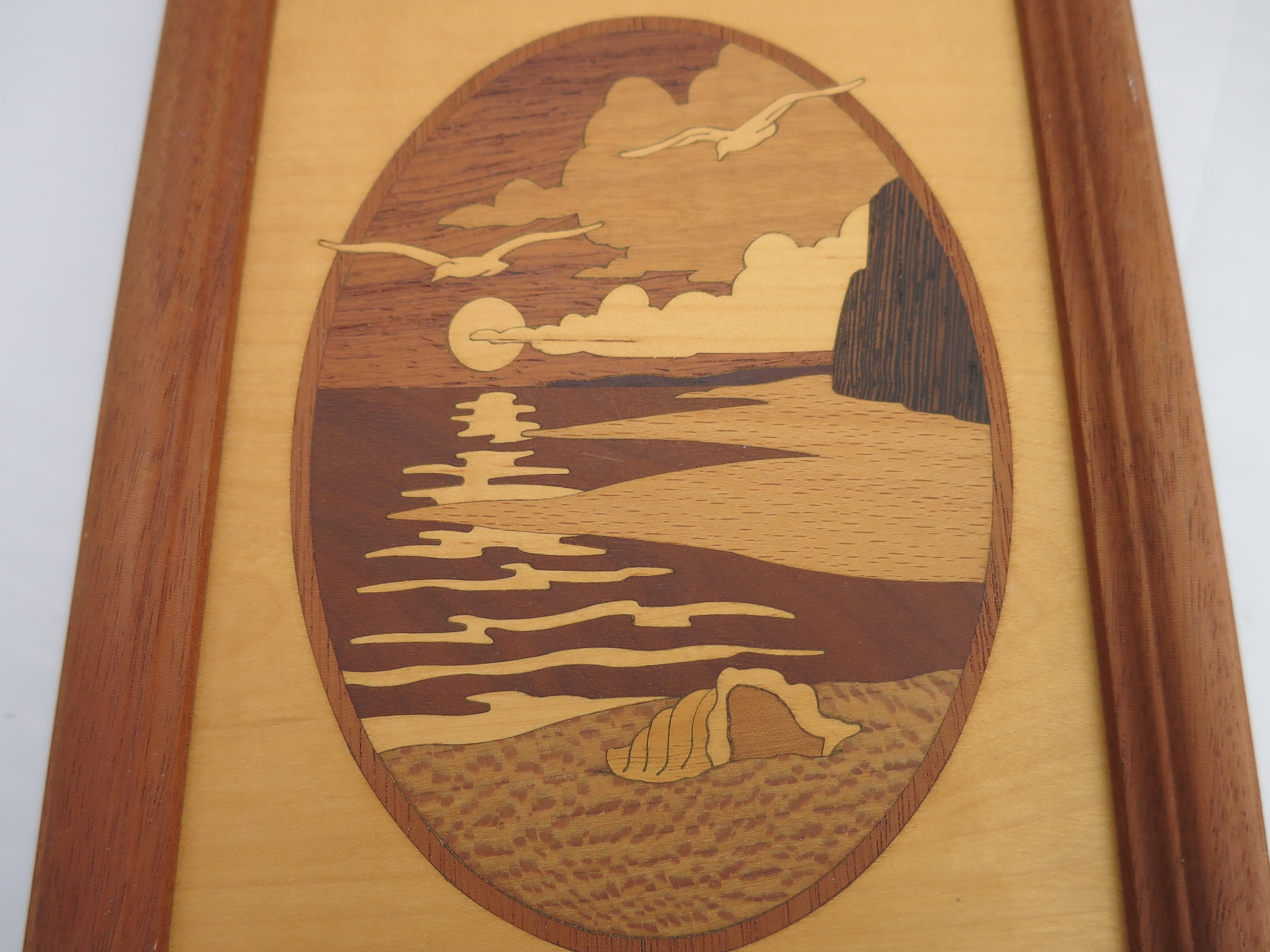 Artist Signed Nelson Wood Inlay Picture sunset Seagull