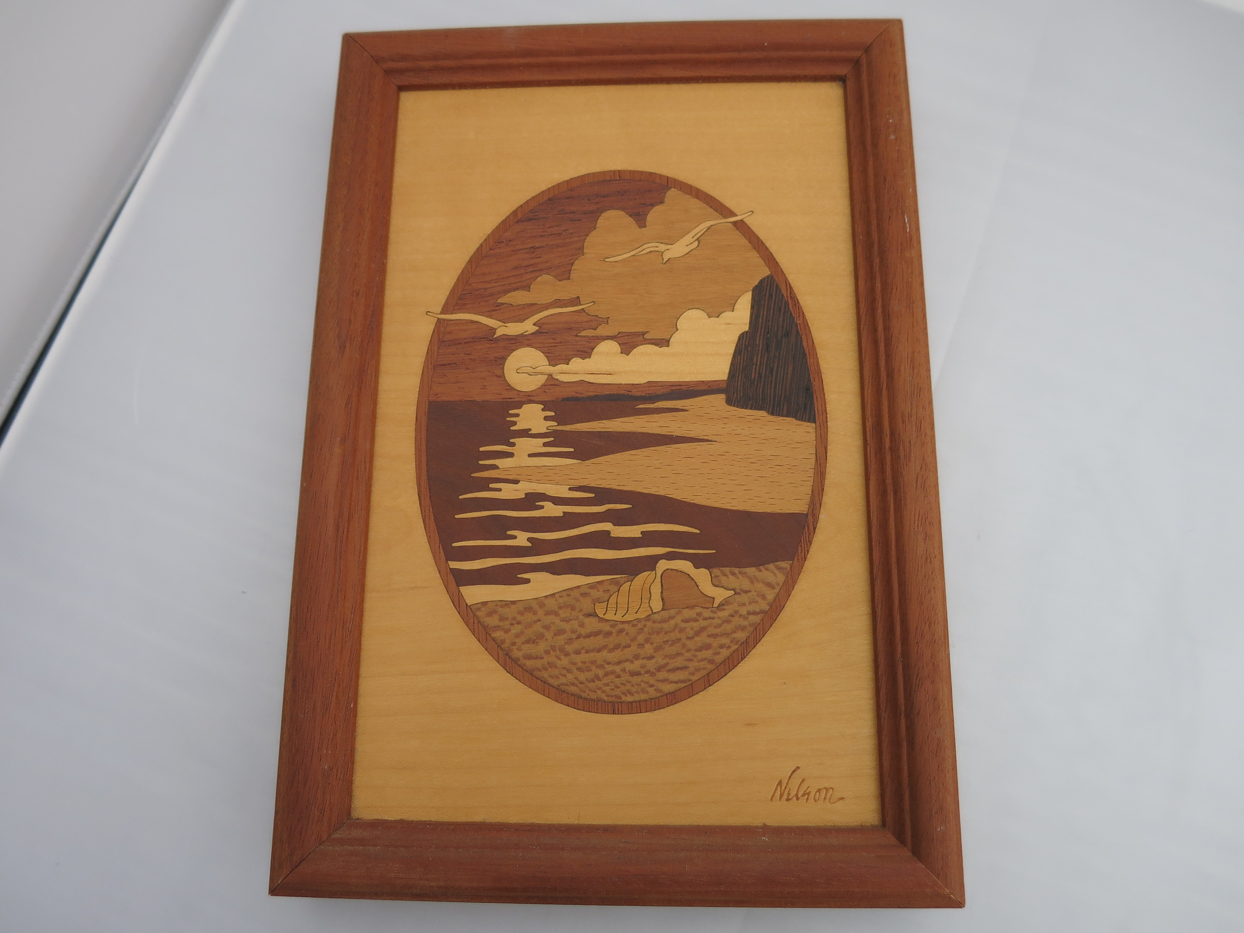Artist Signed Nelson Wood Inlay Picture sunset Seagull