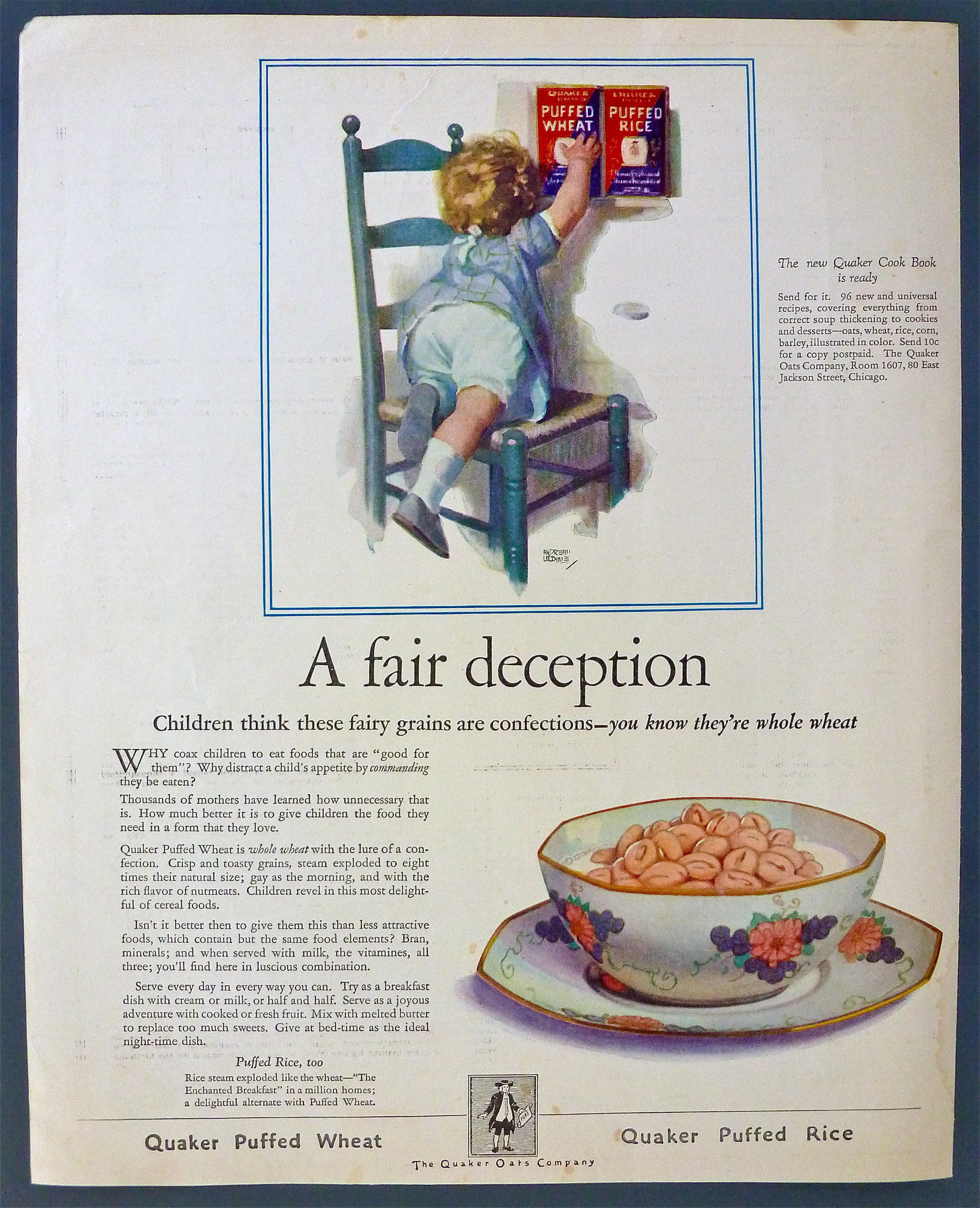 1925 Quaker Puffed Rice Cereal /w Child Climbing Chair