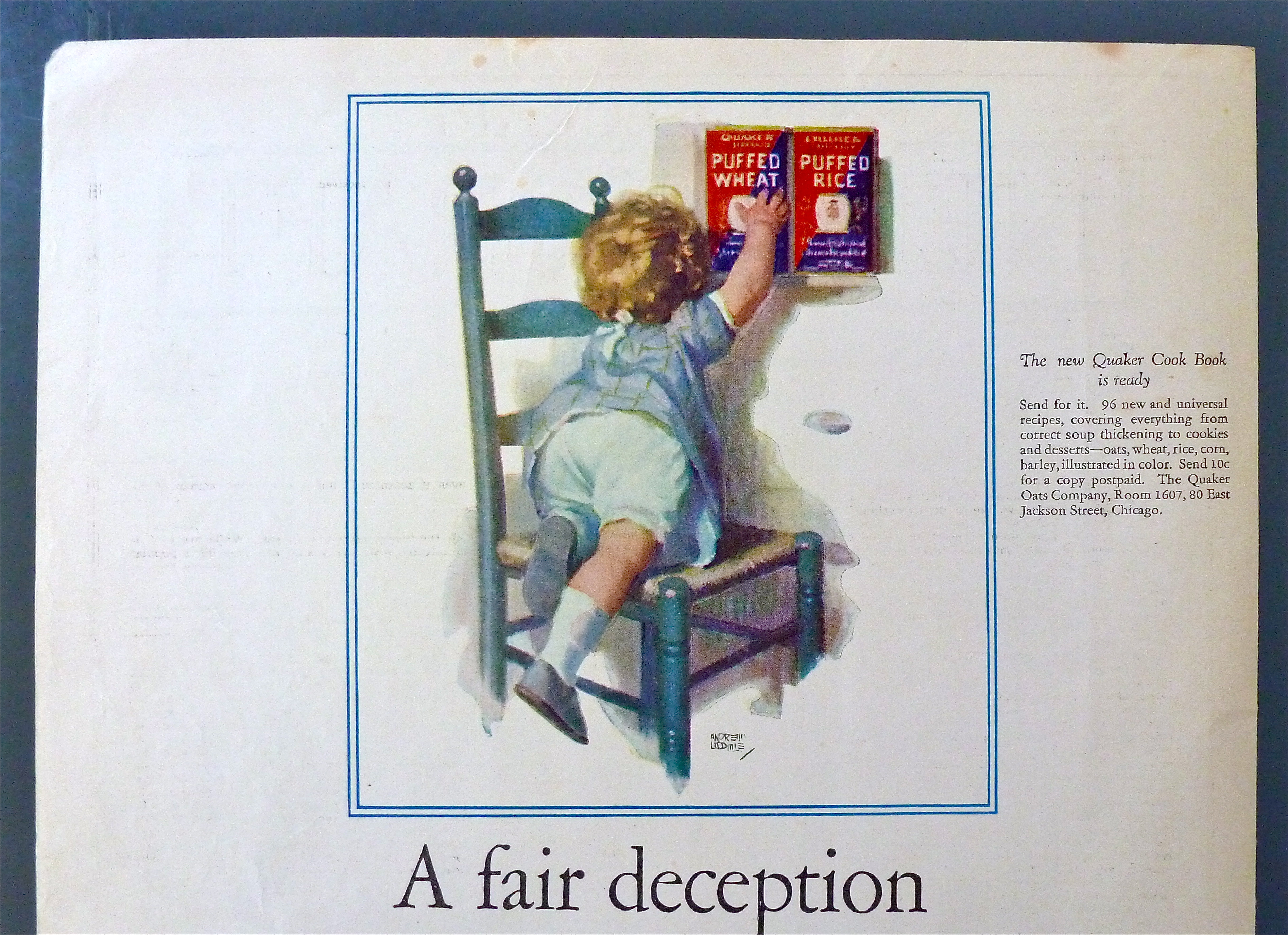 1925 Quaker Puffed Rice Cereal /w Child Climbing Chair