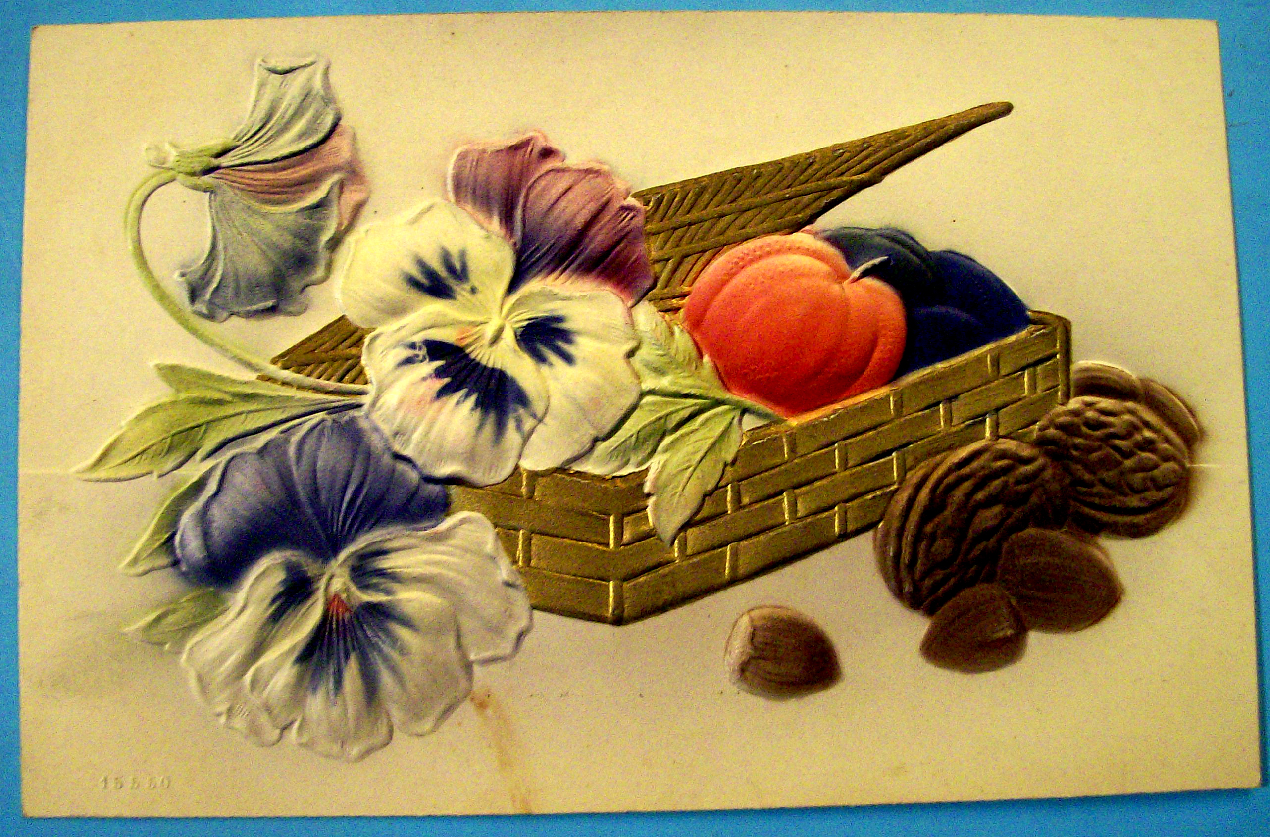 Best Wishes Postcard w/Basket Filled w/ Nuts & Flowers
