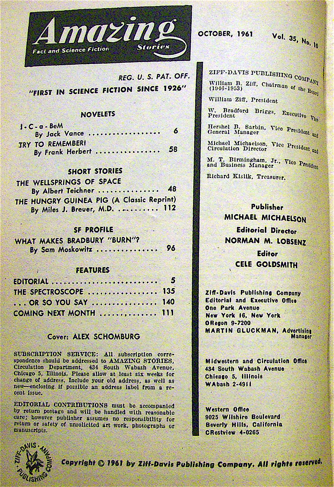 Amazing Stories Magazine October 1961 I. C. a. Bem