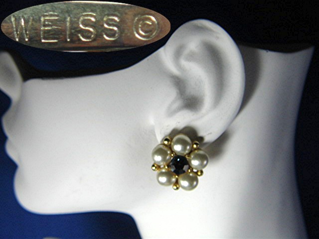 Earrings WEISS Pearl Blue  Crystal  Goldtone Clip