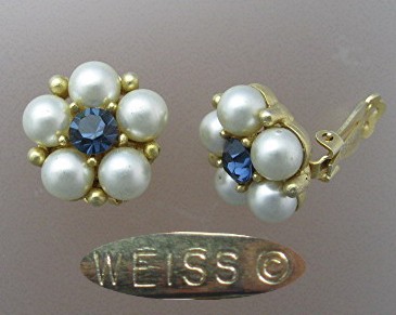 Earrings WEISS Pearl Blue  Crystal  Goldtone Clip