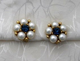 Earrings WEISS Pearl Blue  Crystal  Goldtone Clip