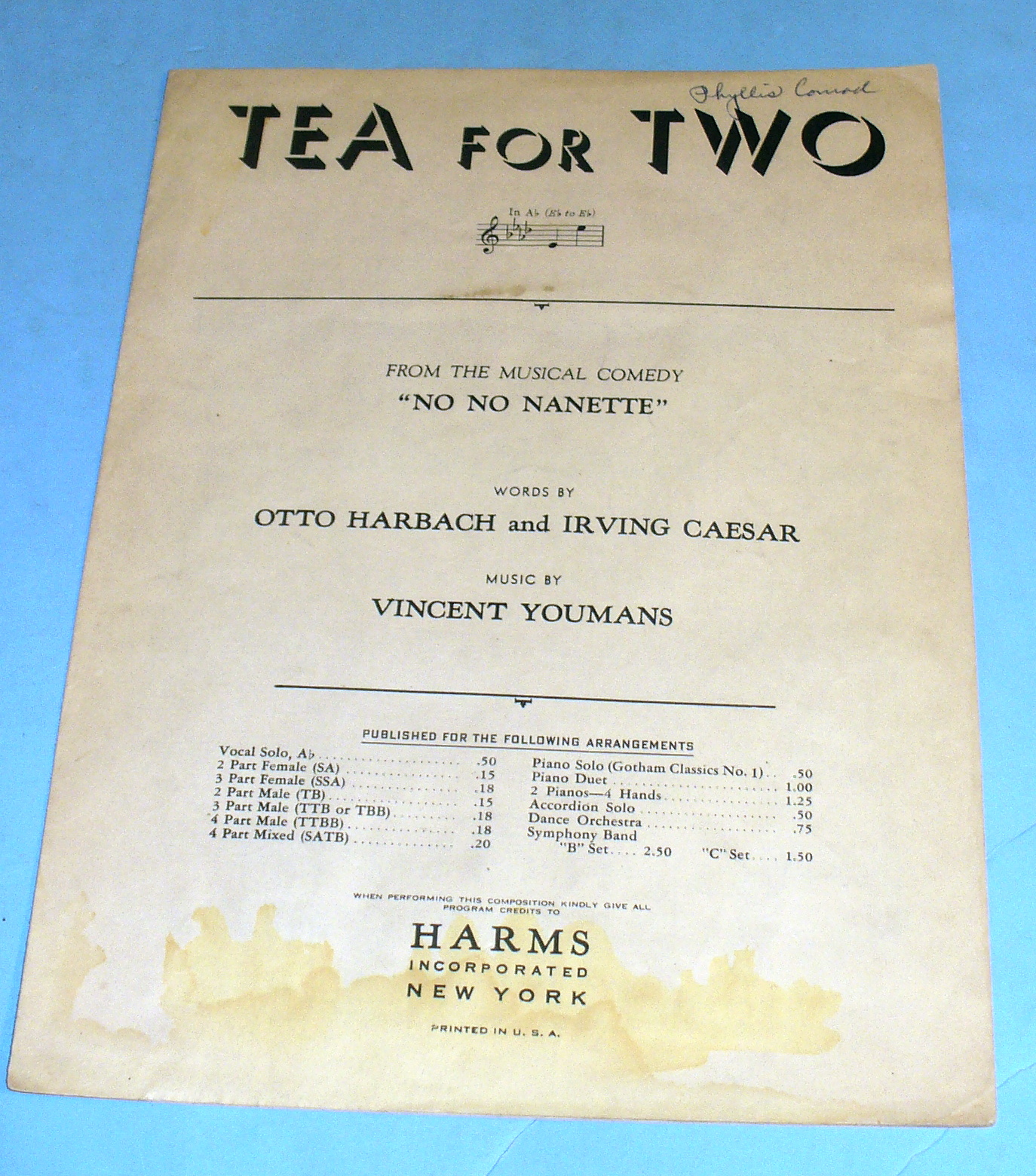 1924 Tea For Two by Harbach and Caesar