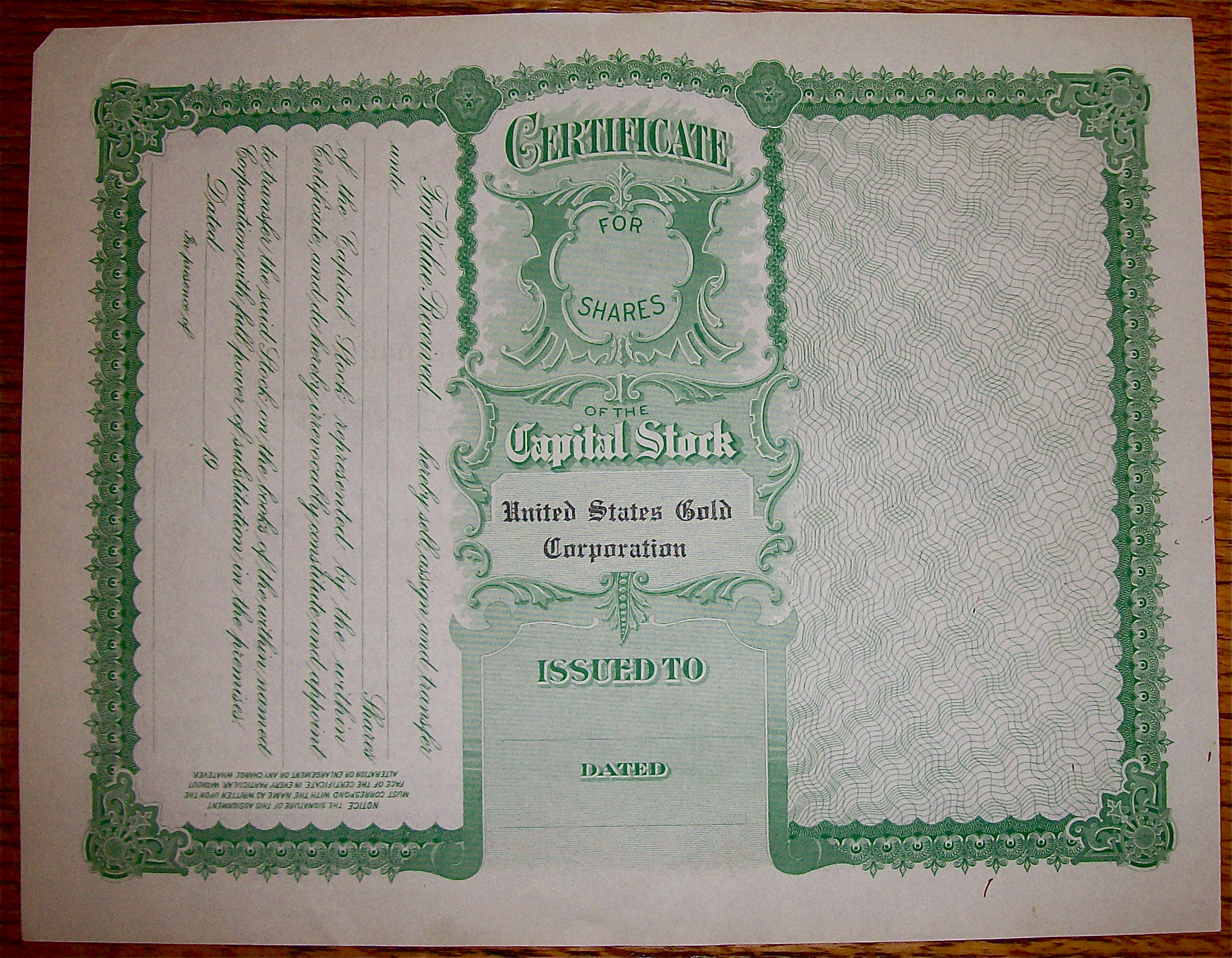 1920's United States Gold Corporation Stock Certificate