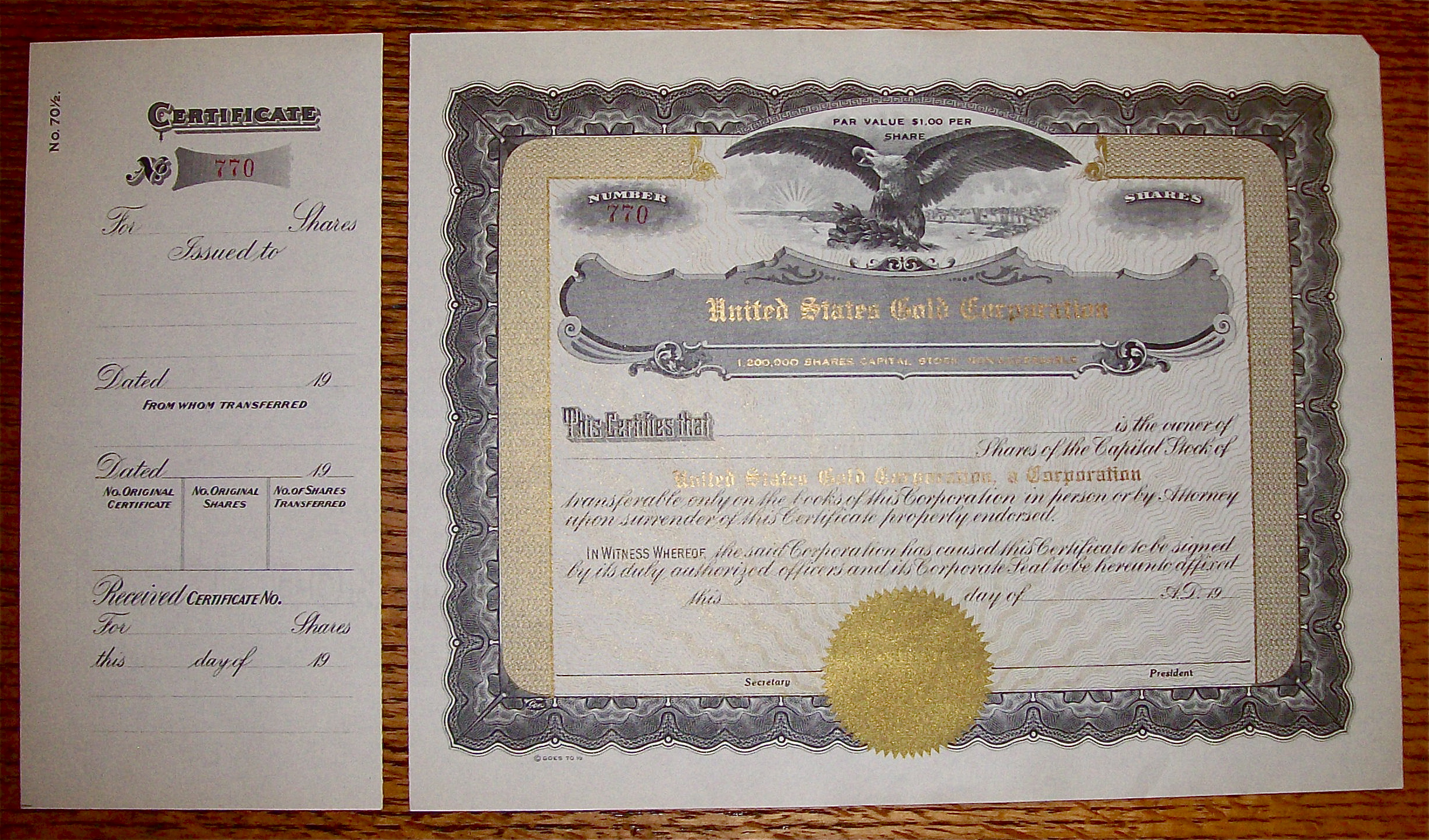 1920's United States Gold Corporation Stock Certificate