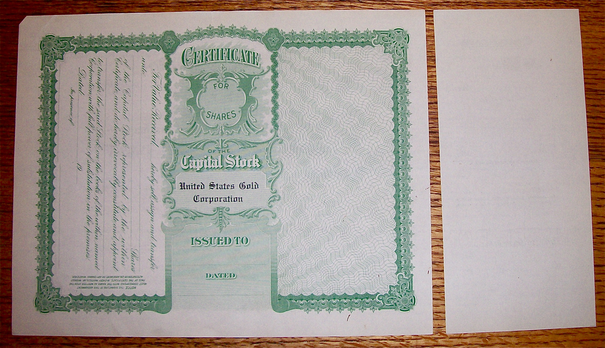 1920's United States Gold Corporation Stock Certificate