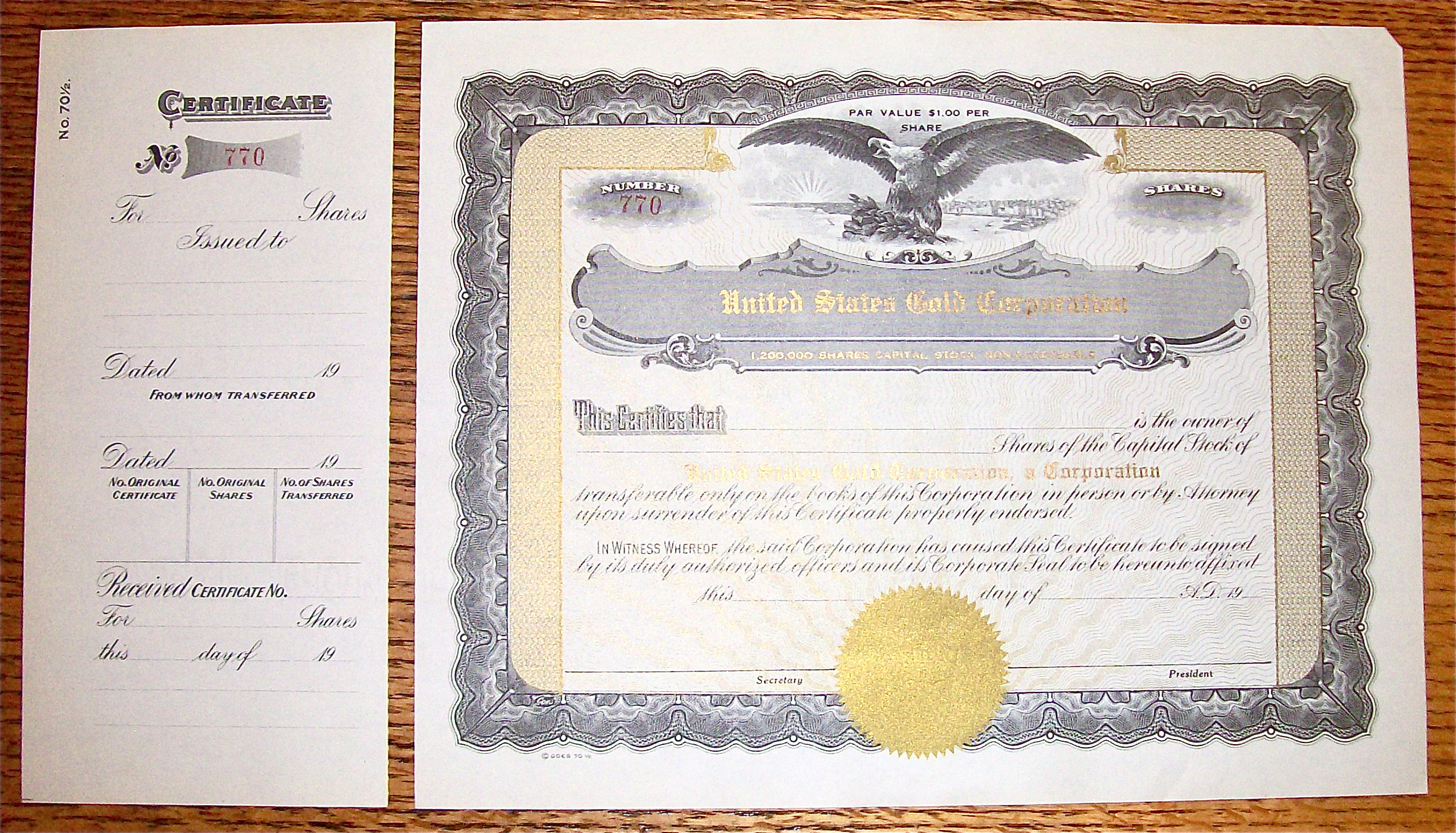 1920's United States Gold Corporation Stock Certificate