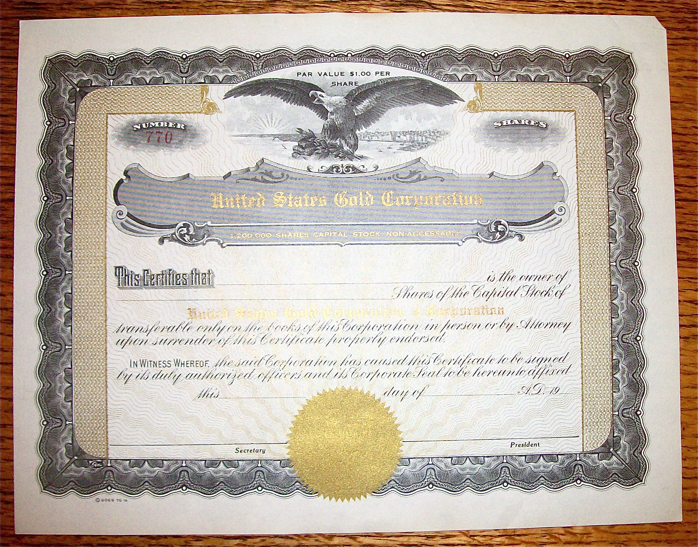 1920's United States Gold Corporation Stock Certificate