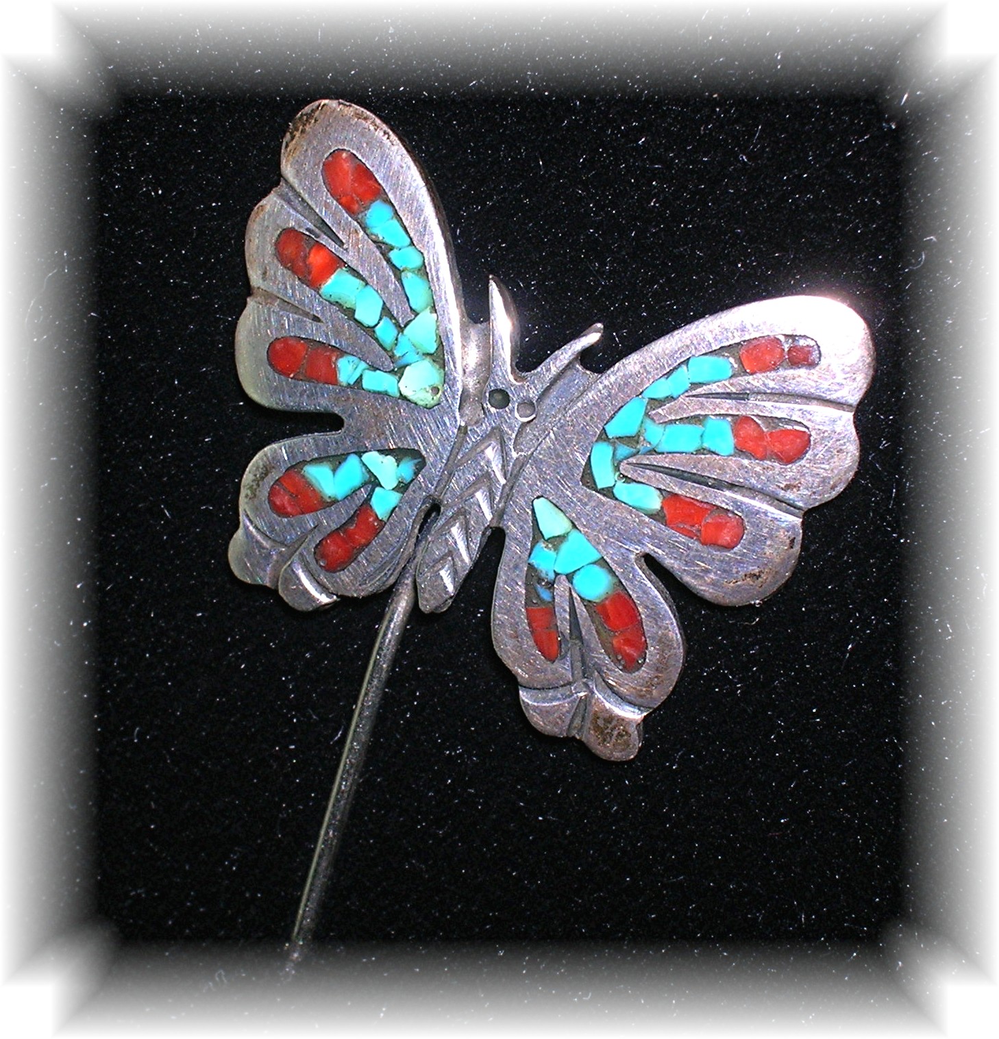 Silver Turquoise and Coral Chip Inlay Butterfly LapePin