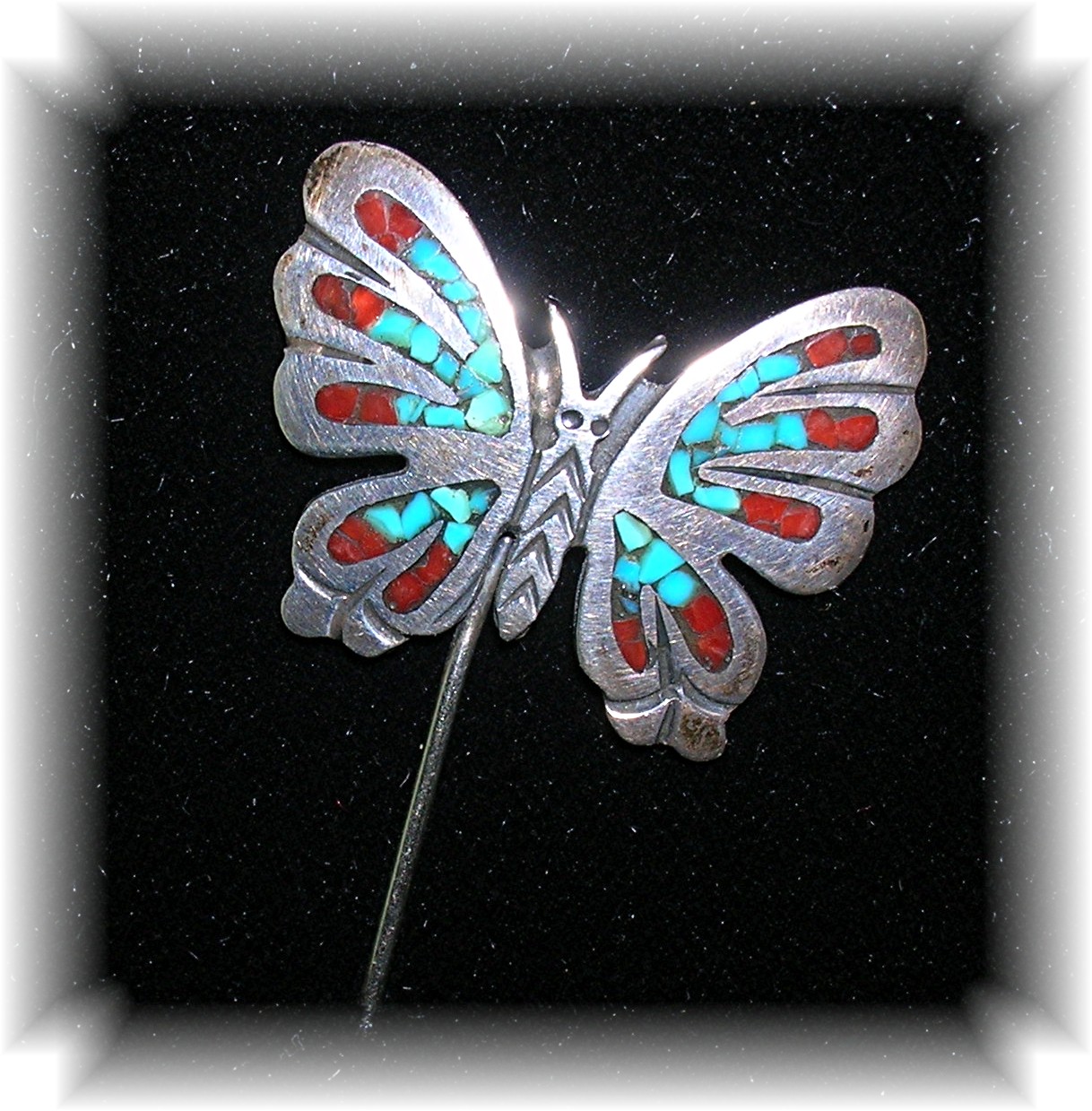 Silver Turquoise and Coral Chip Inlay Butterfly LapePin