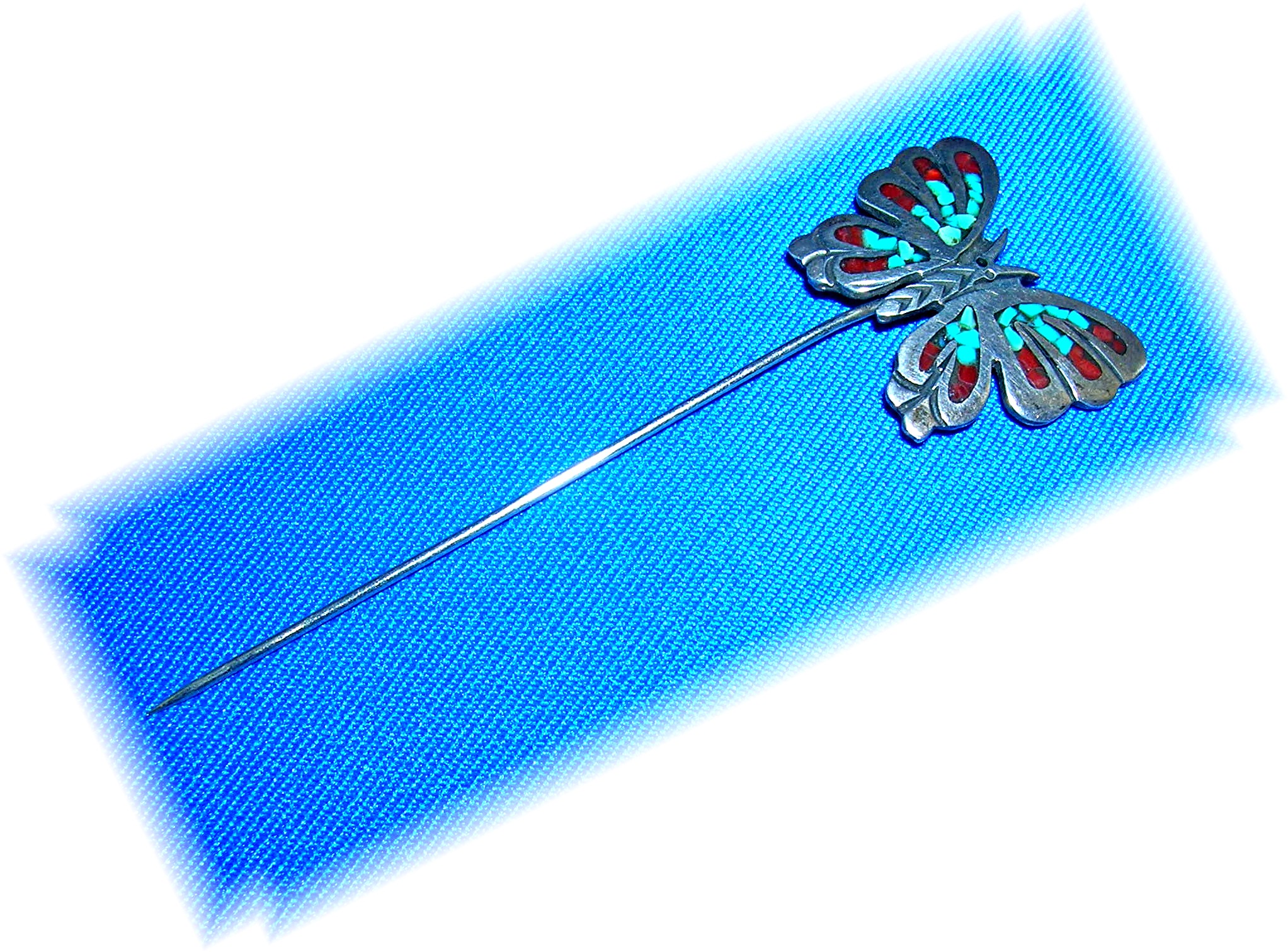 Silver Turquoise and Coral Chip Inlay Butterfly LapePin