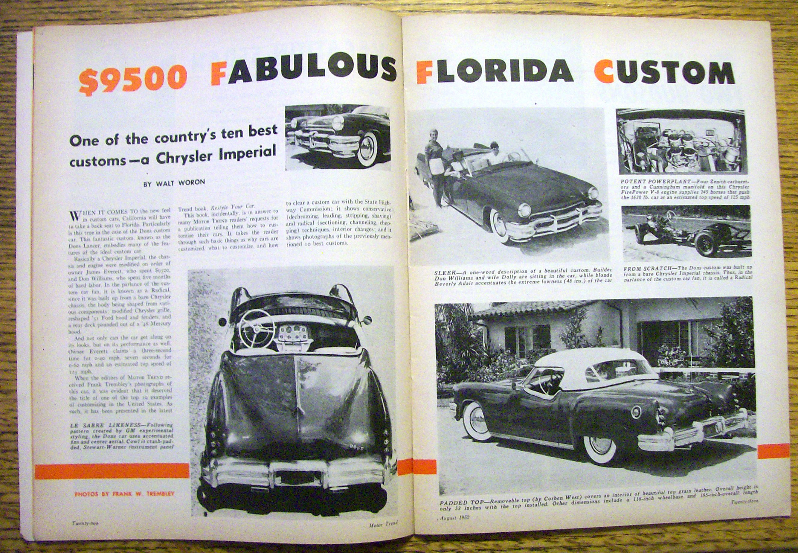 Motor Trend Magazine August 1952 Florida Sport Custom