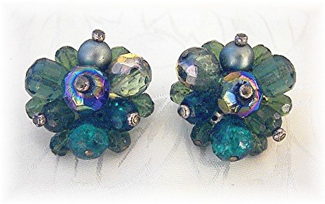 Crystal Blue Green Borealis German Clip Earrings