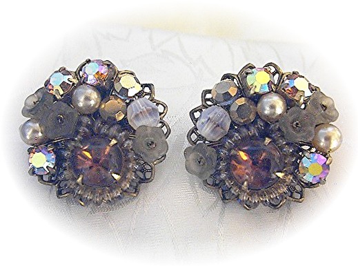 Crystal Blue Green Borealis German Clip Earrings