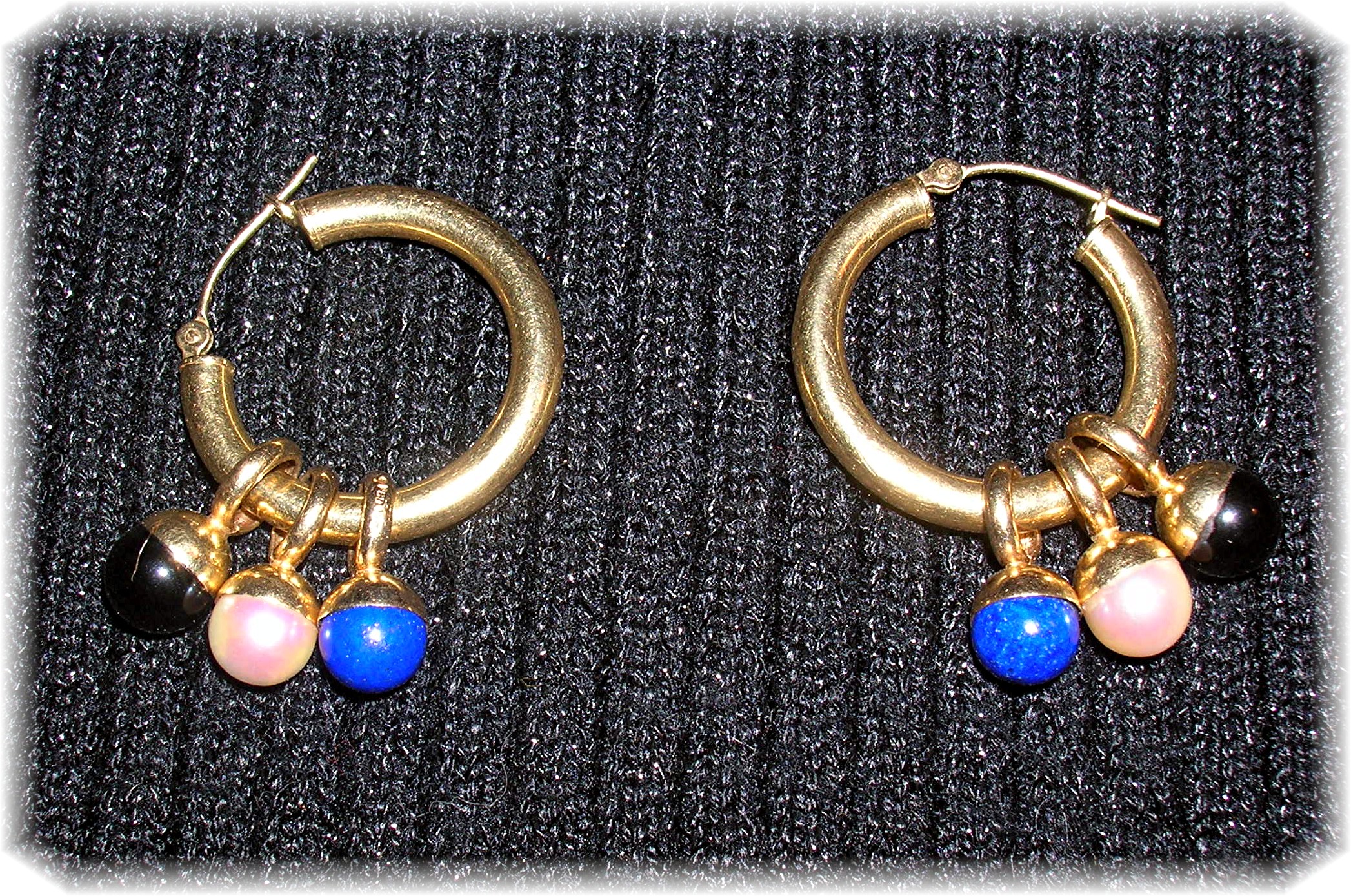 14K Gold Earrings Pearl Lapis and Black Onyx Drops.