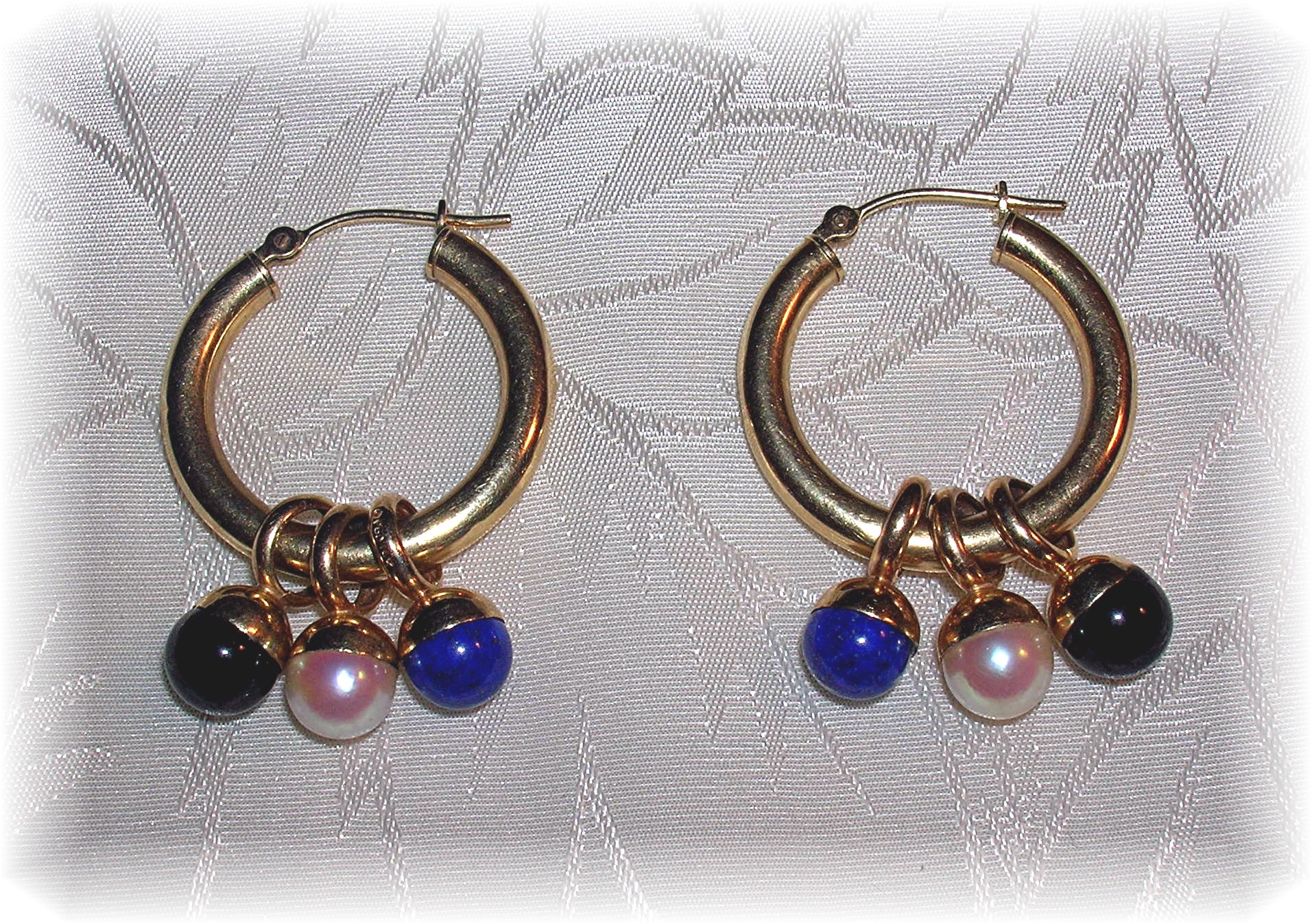 14K Gold Earrings Pearl Lapis and Black Onyx Drops.