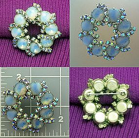 Crystals Glass Moonstone Silver Tone Brooch 60s
