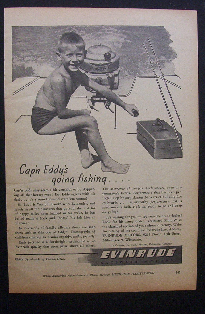 1946 Evinrude Outboard Motors with Little Boy Steering a Boat