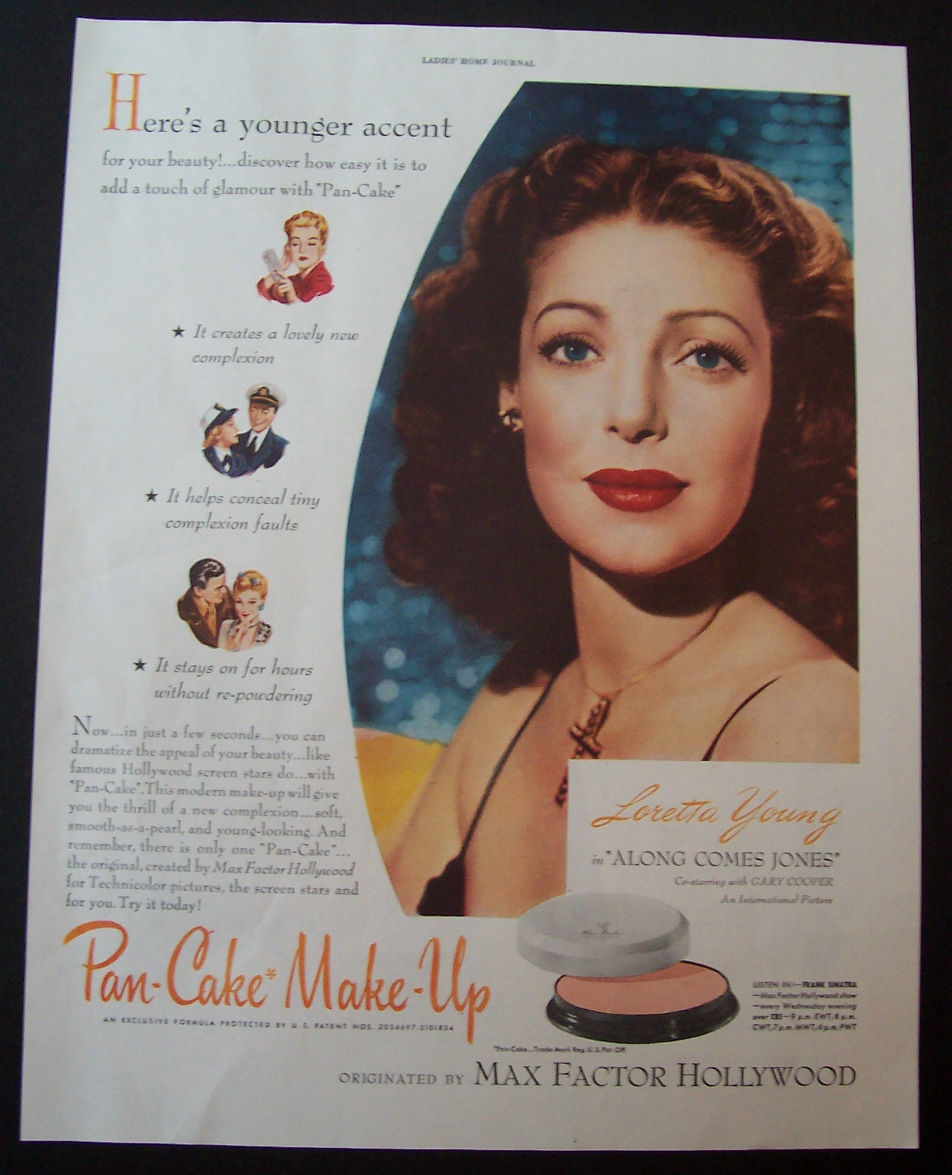 1945  Max  Factor Pan-Cake Make-Up with Loretta Young