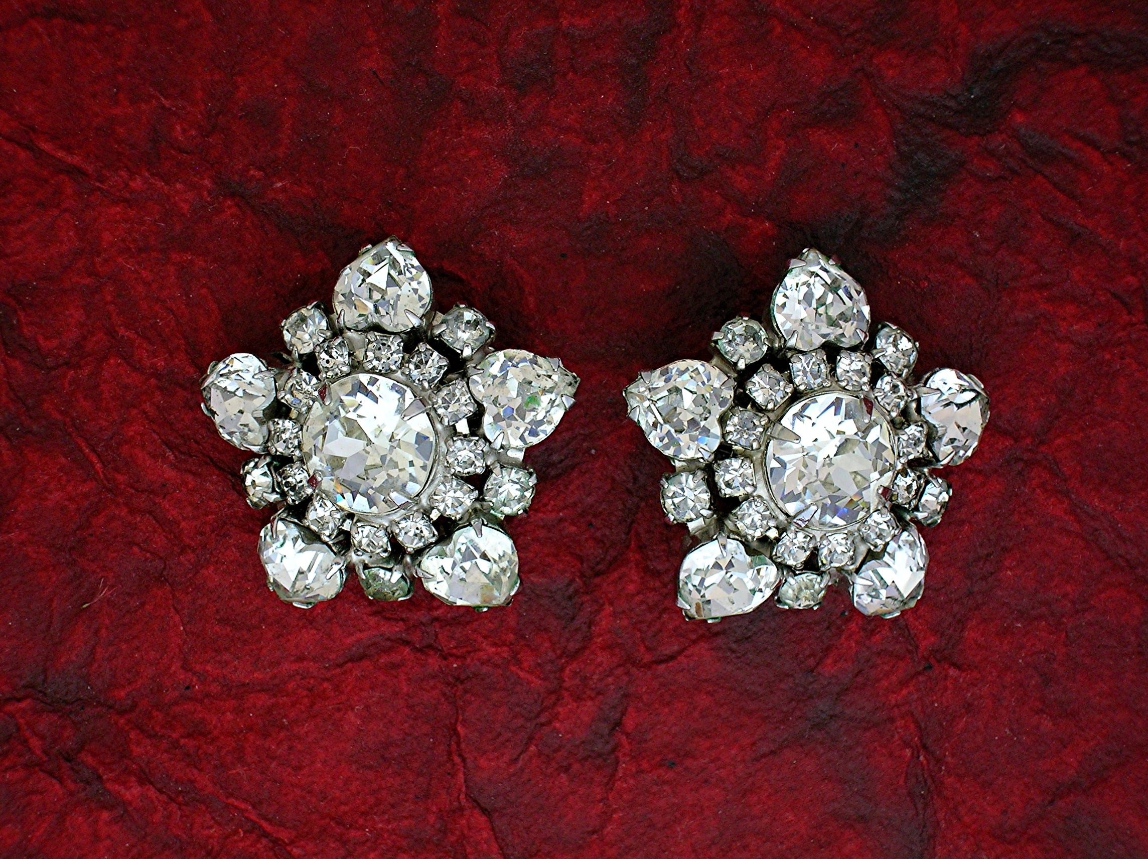 Crystal Hearts Rhodium Silvertone Clip Earrings