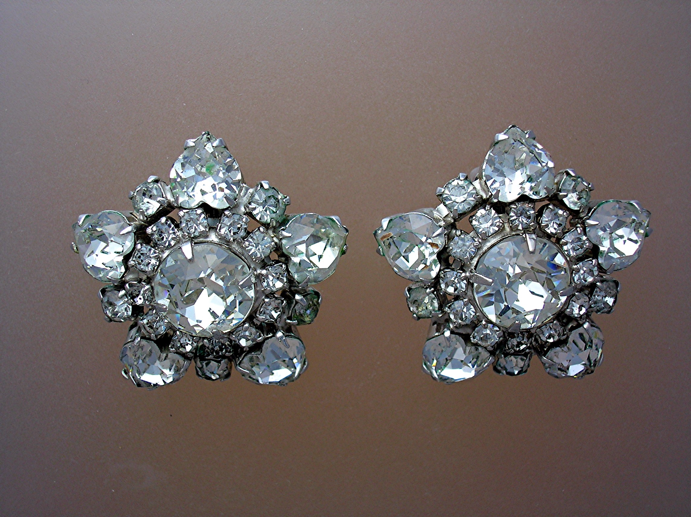 Crystal Hearts Rhodium  Silvertone  Clip Earrings