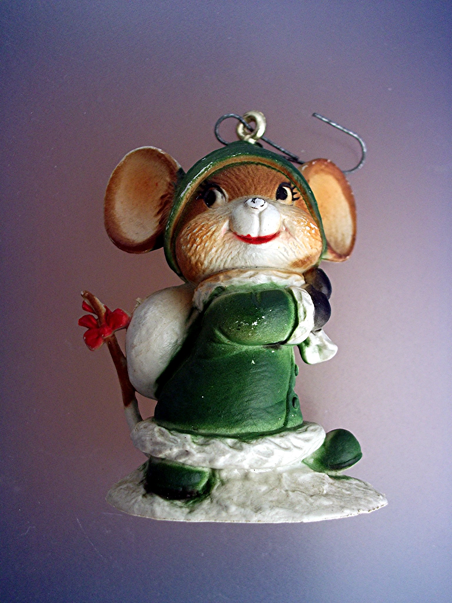 Christmas Ornament Mouse in green outfit and a bow