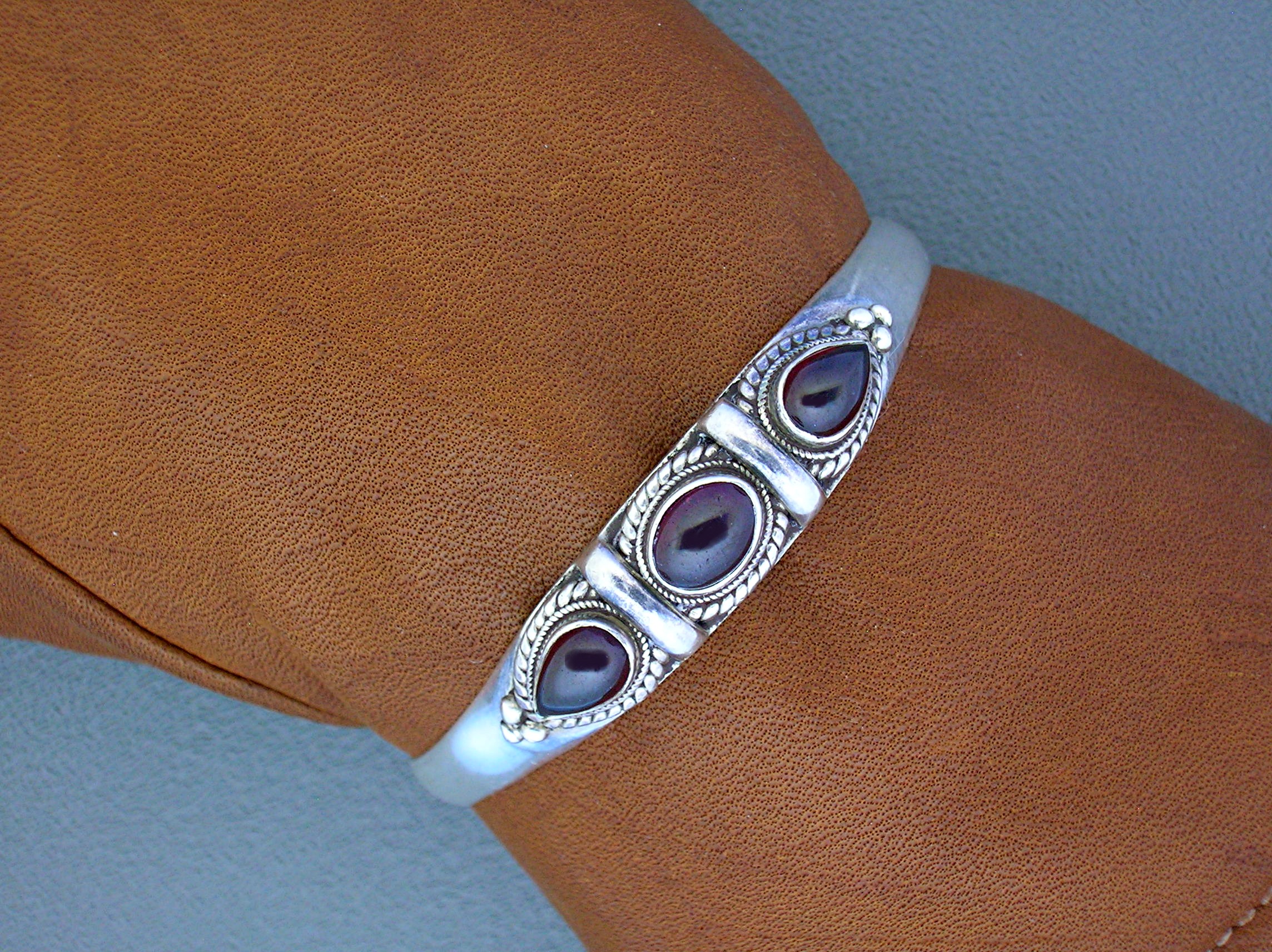 Sterling Silver and  Cabochon Garnet Cuff Bracelet