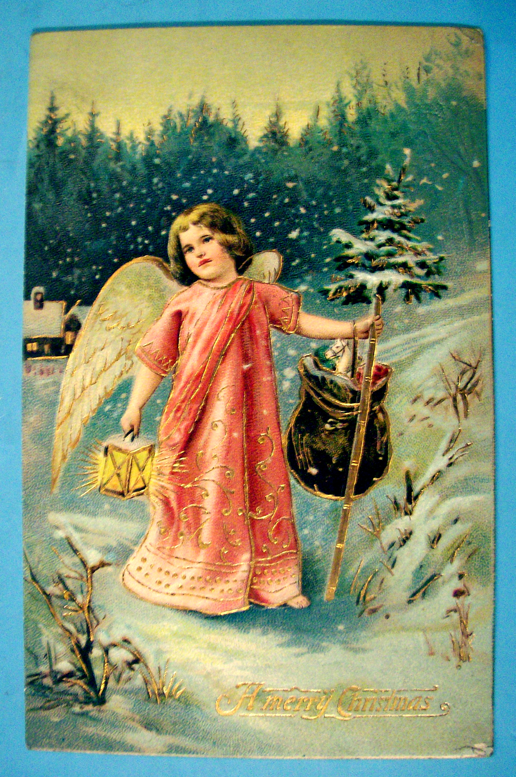 A Merry Christmas Postcard with Angel Walking-Embossed