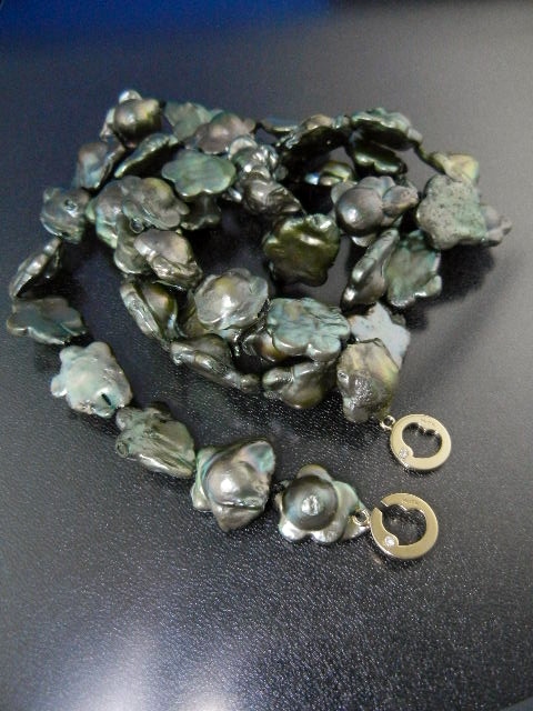 14K Gold Plate Green Keshi Flower Pearls 34 inches