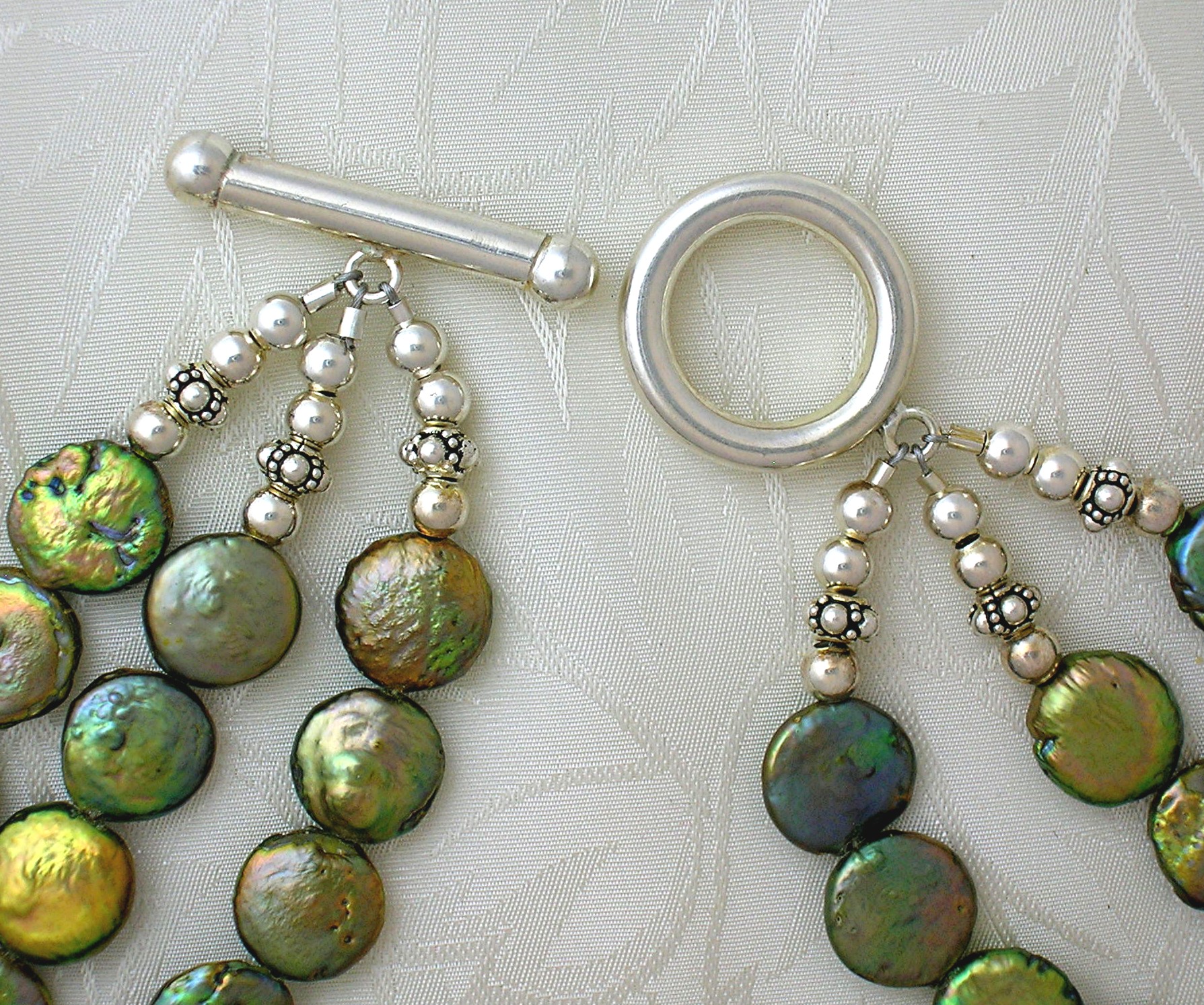 Coin Pearls 3 Strand Sterling Silver Toggle Clasp