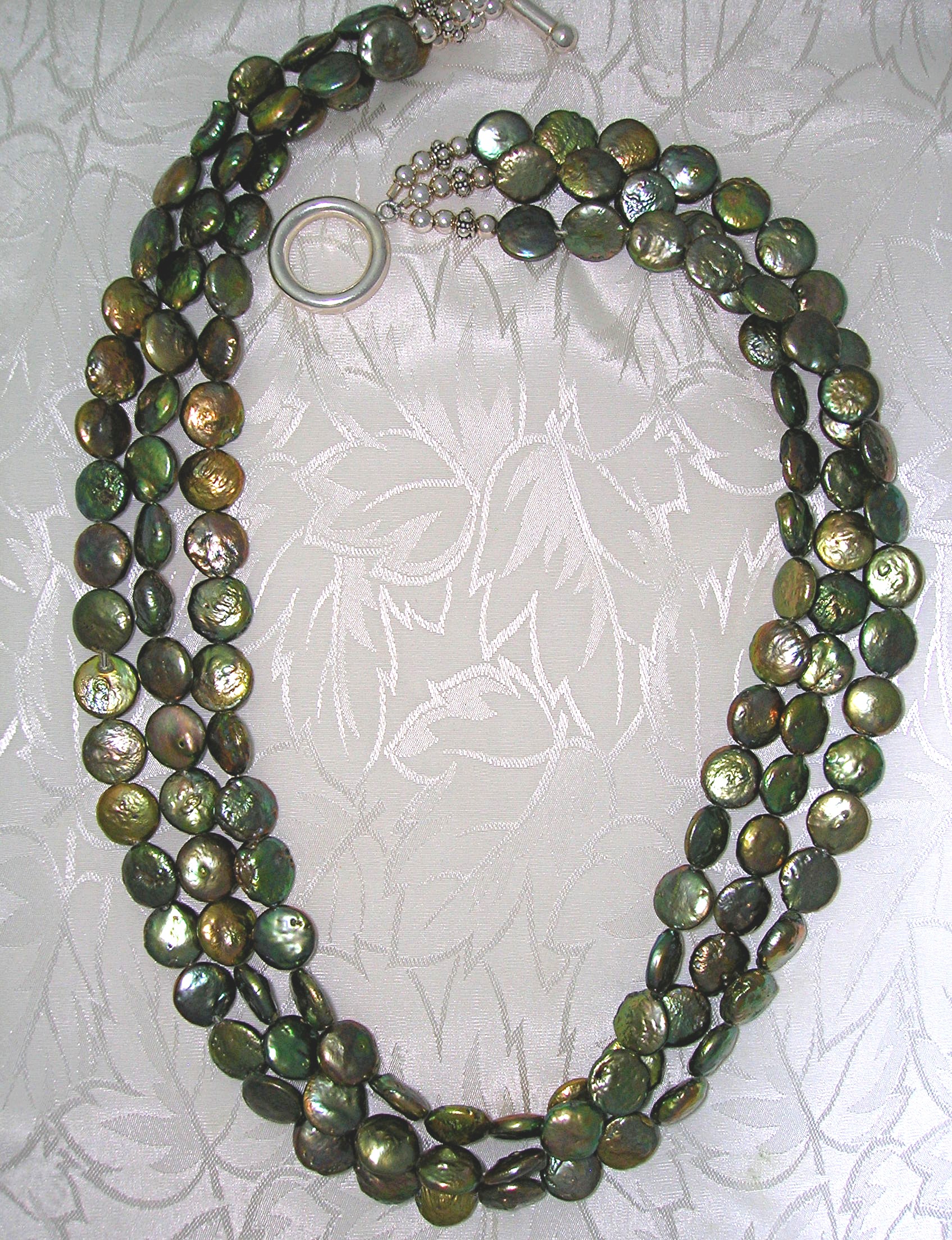 Coin Pearls 3 Strand Sterling Silver Toggle Clasp