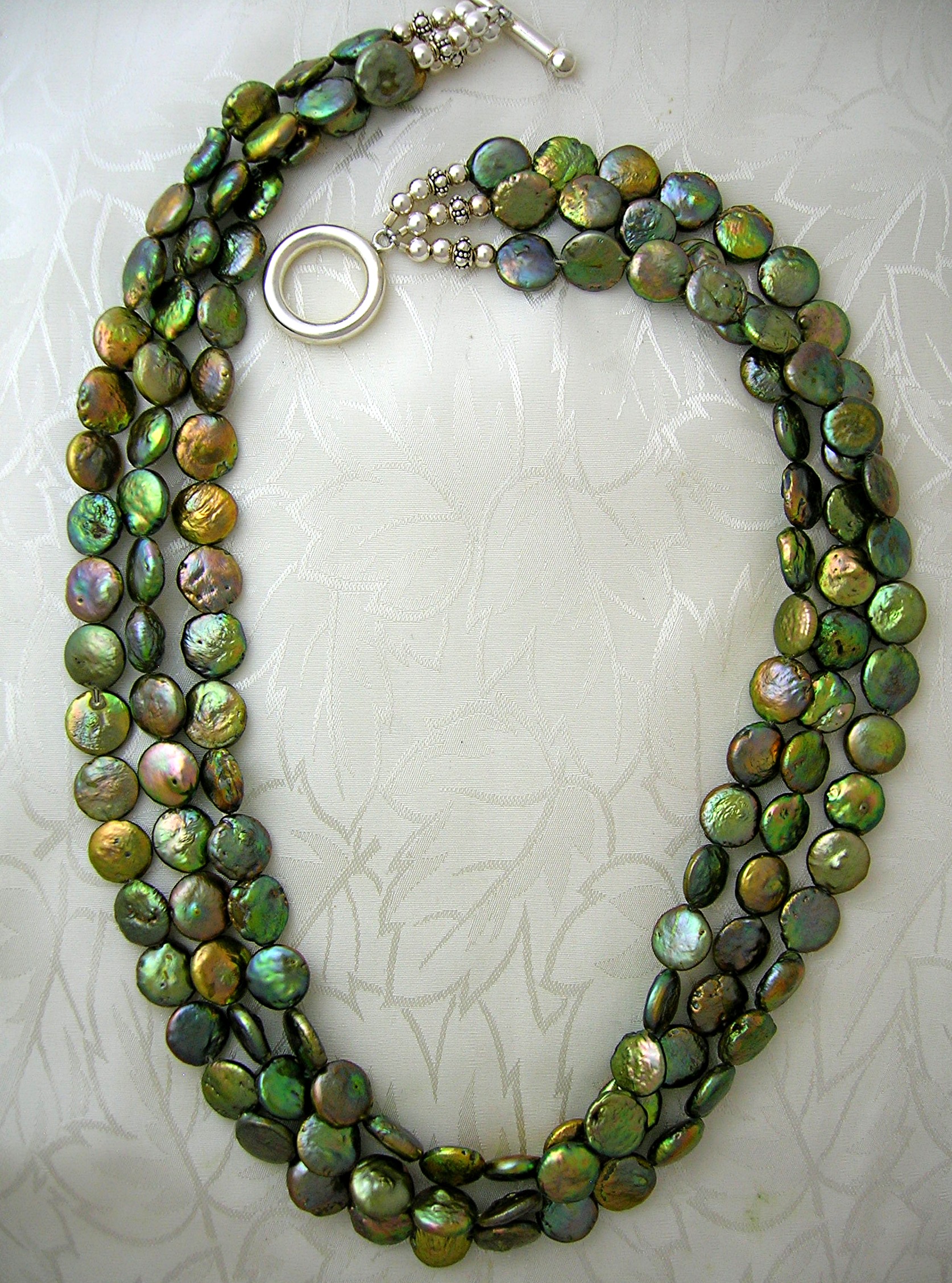 Coin Pearls 3 Strand Sterling Silver Toggle Clasp