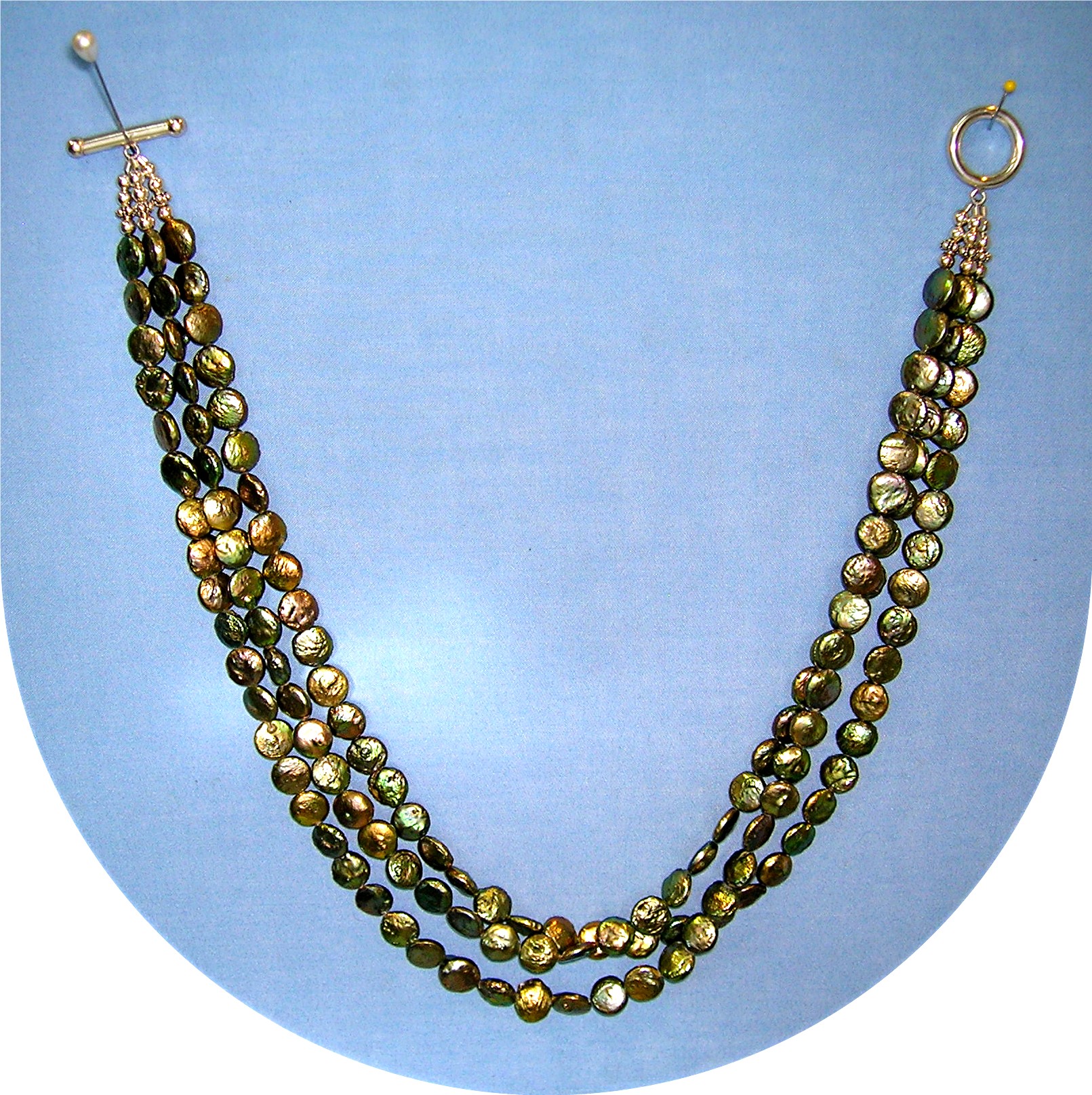 Coin Pearls 3 Strand Sterling Silver Toggle Clasp