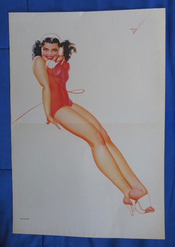 Original 1945 Sexy Pin Up Lovely Dark Haired Girl Wearing A Red Suit While Talking On Telephone By George Petty