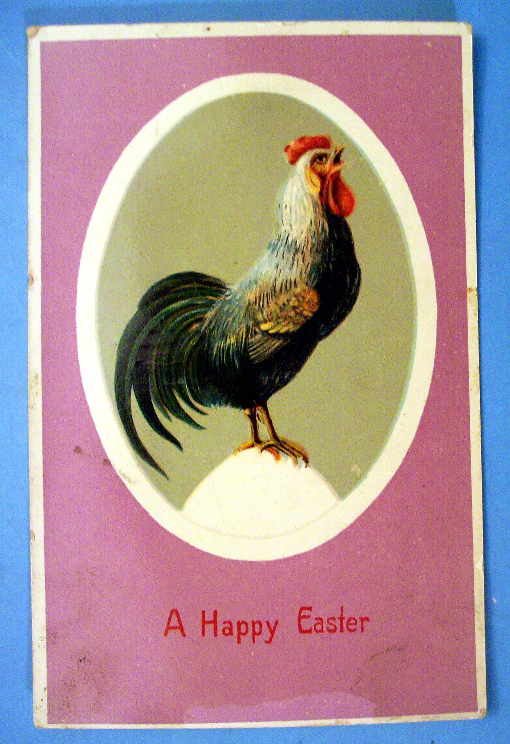 A Happy Easter Postcard with Rooster on a Egg