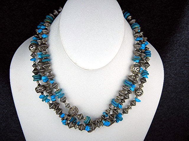 Silver Turquoise 3 Strands Necklace 18 Inch