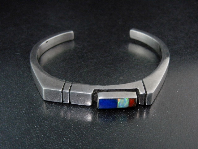 Navajo  Coral Opal Lapis Sterling Silver Cuff Signed