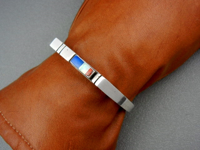 Navajo  Coral Opal Lapis Sterling Silver Cuff Signed