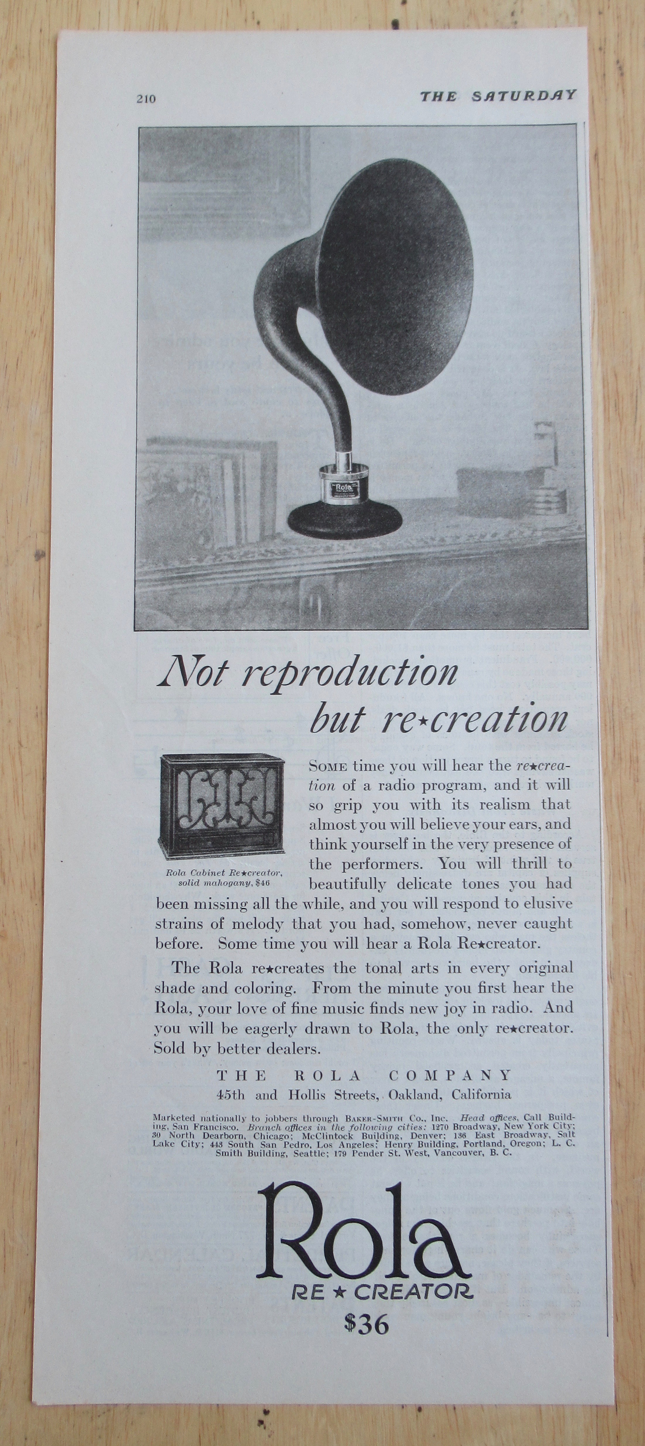 1925 Rola Company with the Rola Re-Creator on a Table
