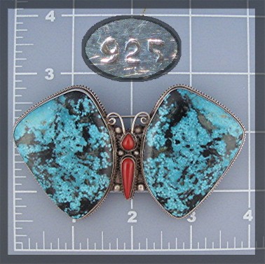 Pendant Pin Sterling Silver Turquoise Coral Butterfly N